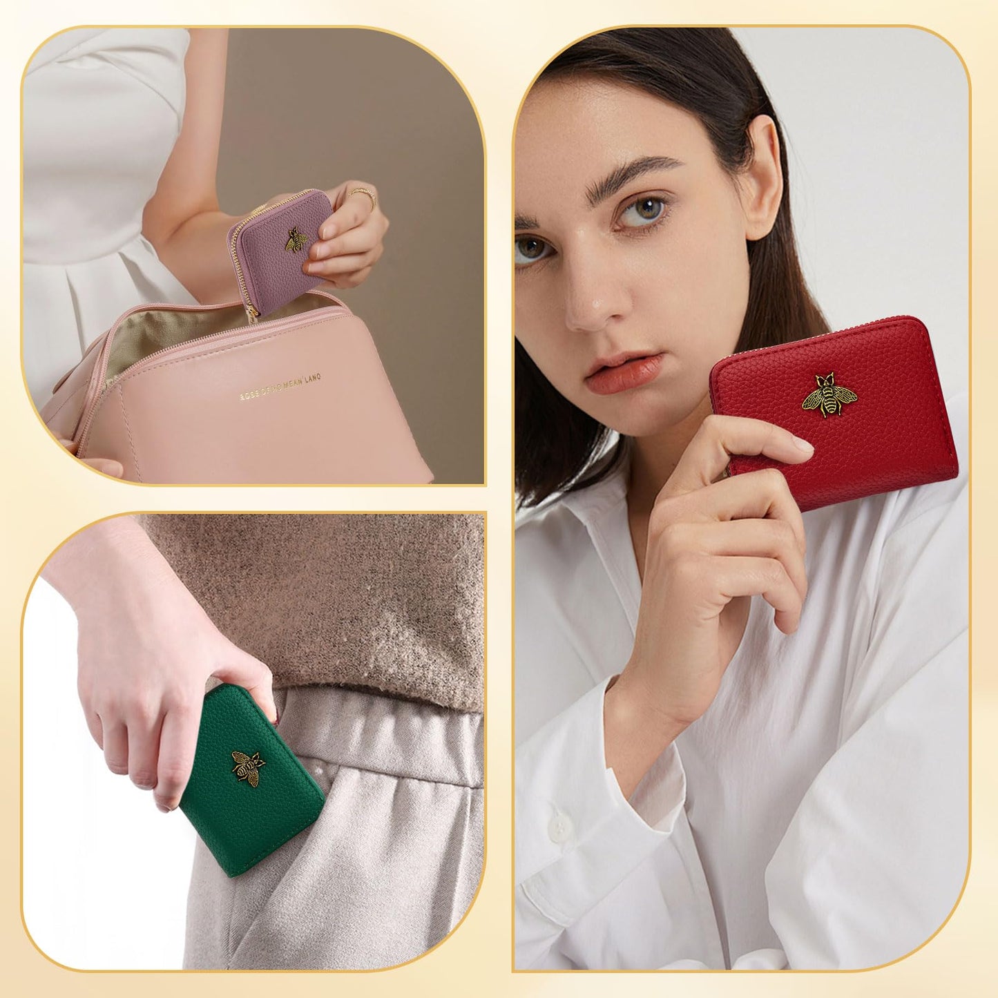 WOZEAH Leather Credit Card Holder for Women Wallet RFID Blocking Zipper Wallet Card Case Business(Green)