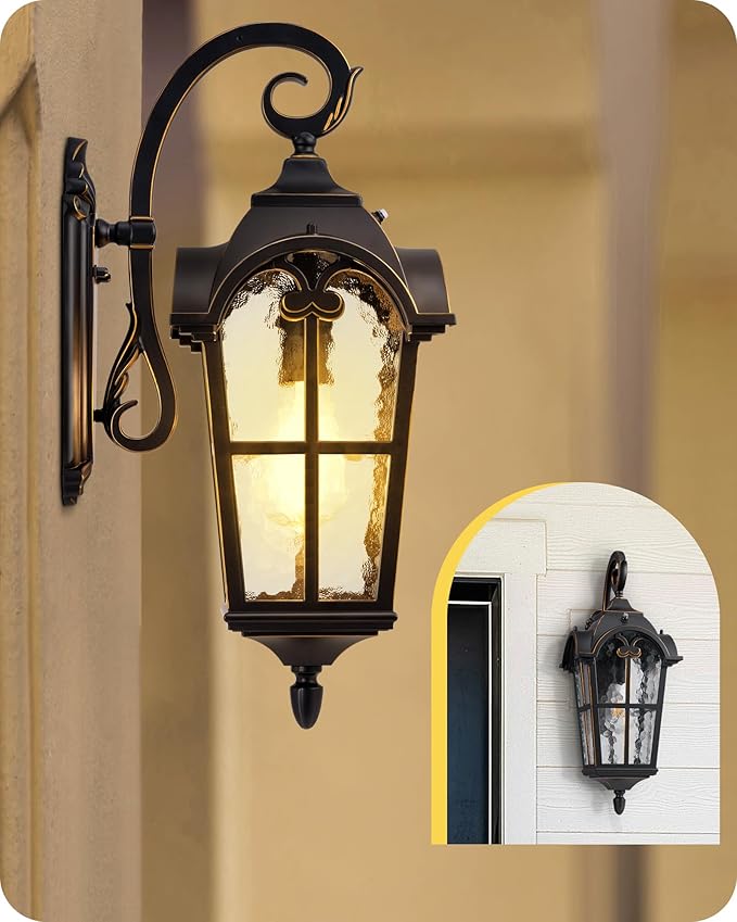 EDISHINE Dusk to Dawn Outdoor Wall Lights, 20.4" Large Size Exterior Lantern Fixture, Porch Lights Wall Mount, Roman Wall Lamp, Waterproof Outside Wall Sconce for Front Door Garage, Black