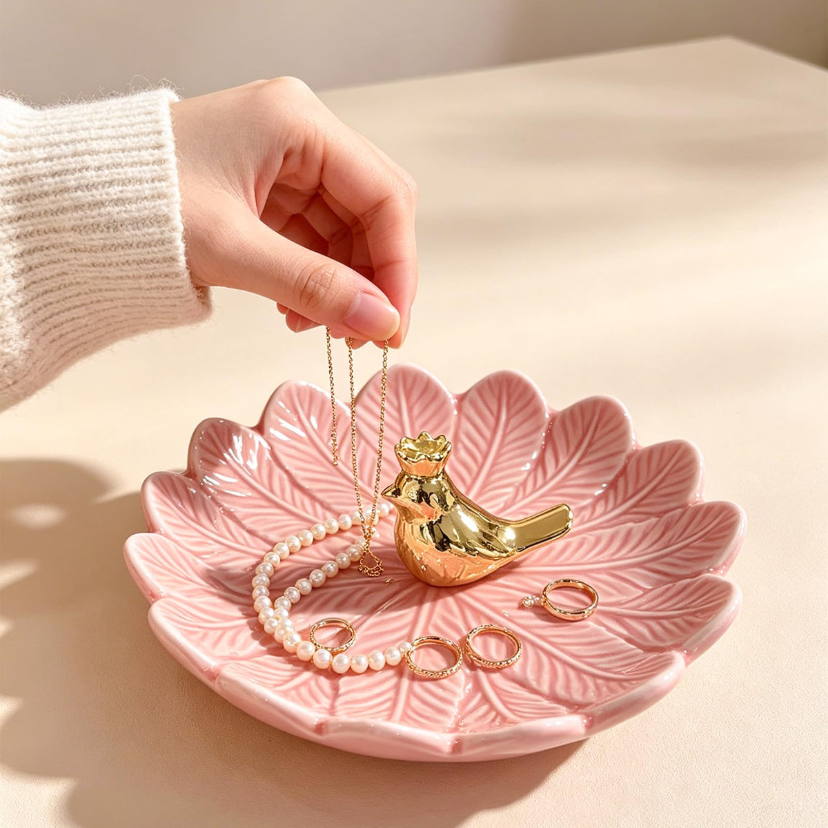 ONEPEACE Golden Bird Ceramic Ring Holder Dish for Women, Decorative Jewelry Tray Trinket Dish for Rings Earrings Necklace Organizer, Engagement Wedding Ring Holder, Christmas Birthday Gifts (Pink)
