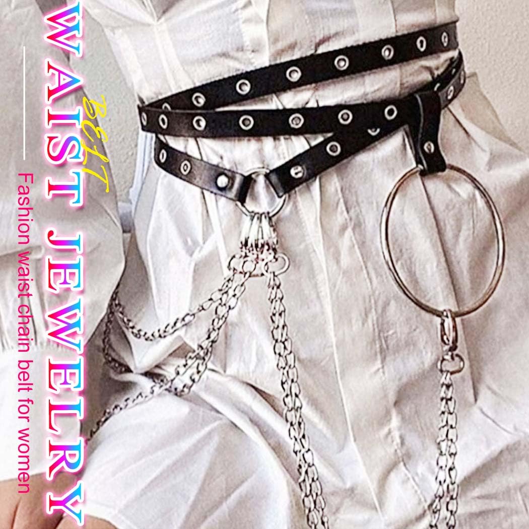 Nicute Chain Belt Black Punk Leather Waist Chain Belt Rave Accessories for Women