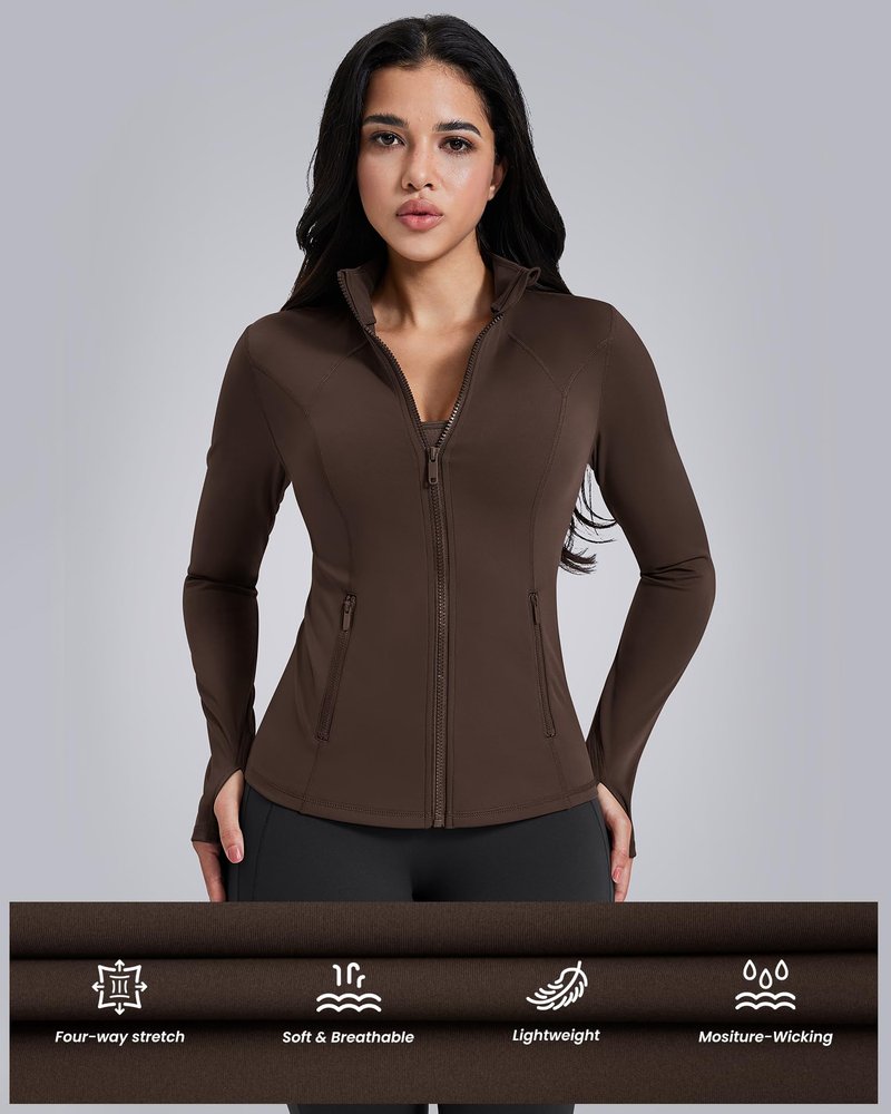AVGO Womens Workout Jackets Lightweight Athletic Zip Up Jacket Slim Fit Running Gym Top with Pockets & Thumb Holes(Roasted Brown, S)