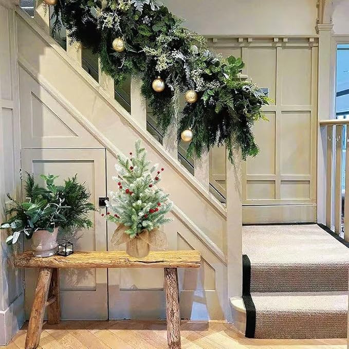 20 Inch Flocked Christmas Tree with Berry Picks - Snow Covered Artificial Tabletop Tree with Burlap Base, Mini Holiday Decor for Home Office Mantel Party