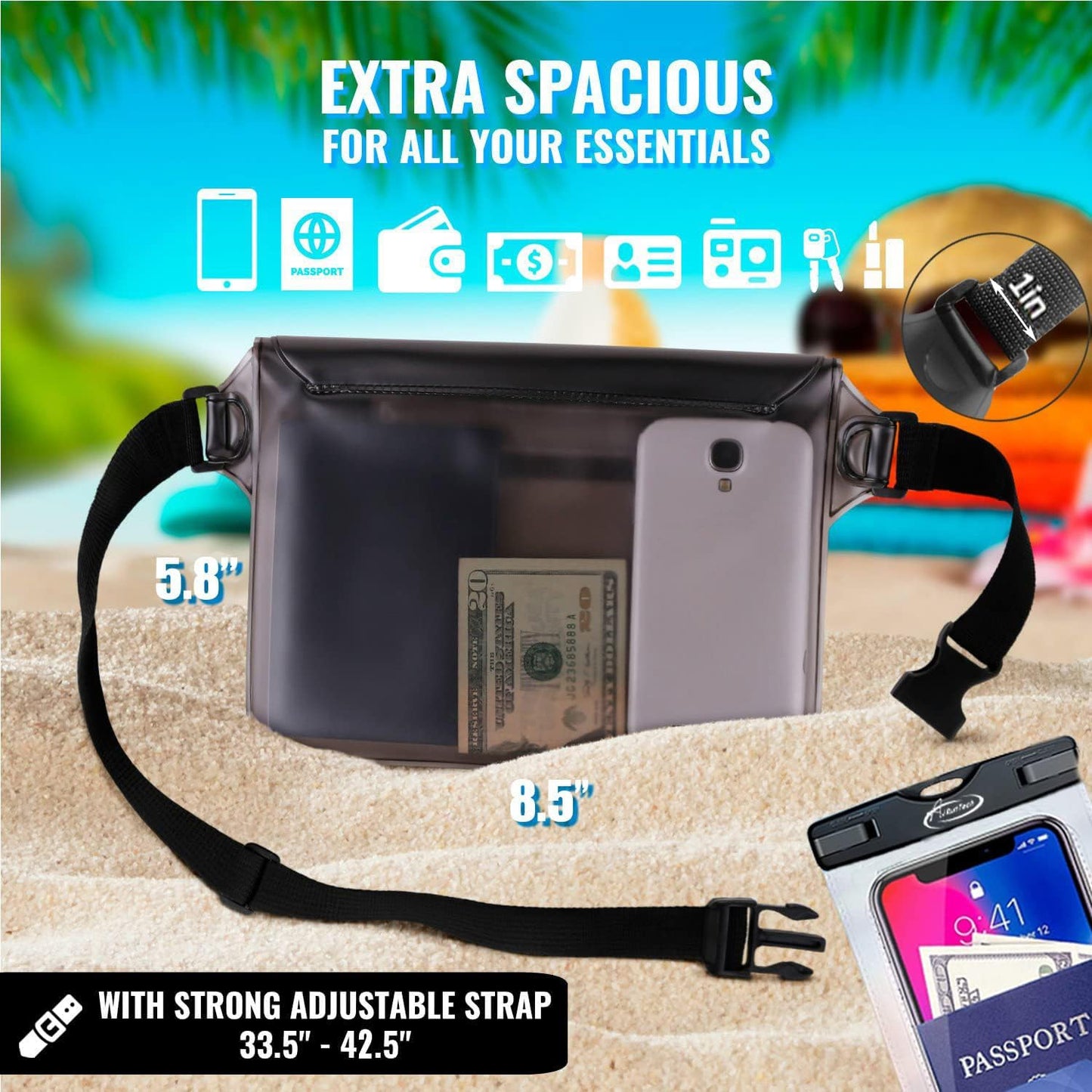 AiRunTech Waterproof Dry Bag and Waterproof Cell Phone Bag for Outdoor Water Sports, Boating, Hiking,Kayaking,Fishing (2 * Phone case(Clear) + 2 * Fanny Pack(Black+Gray))