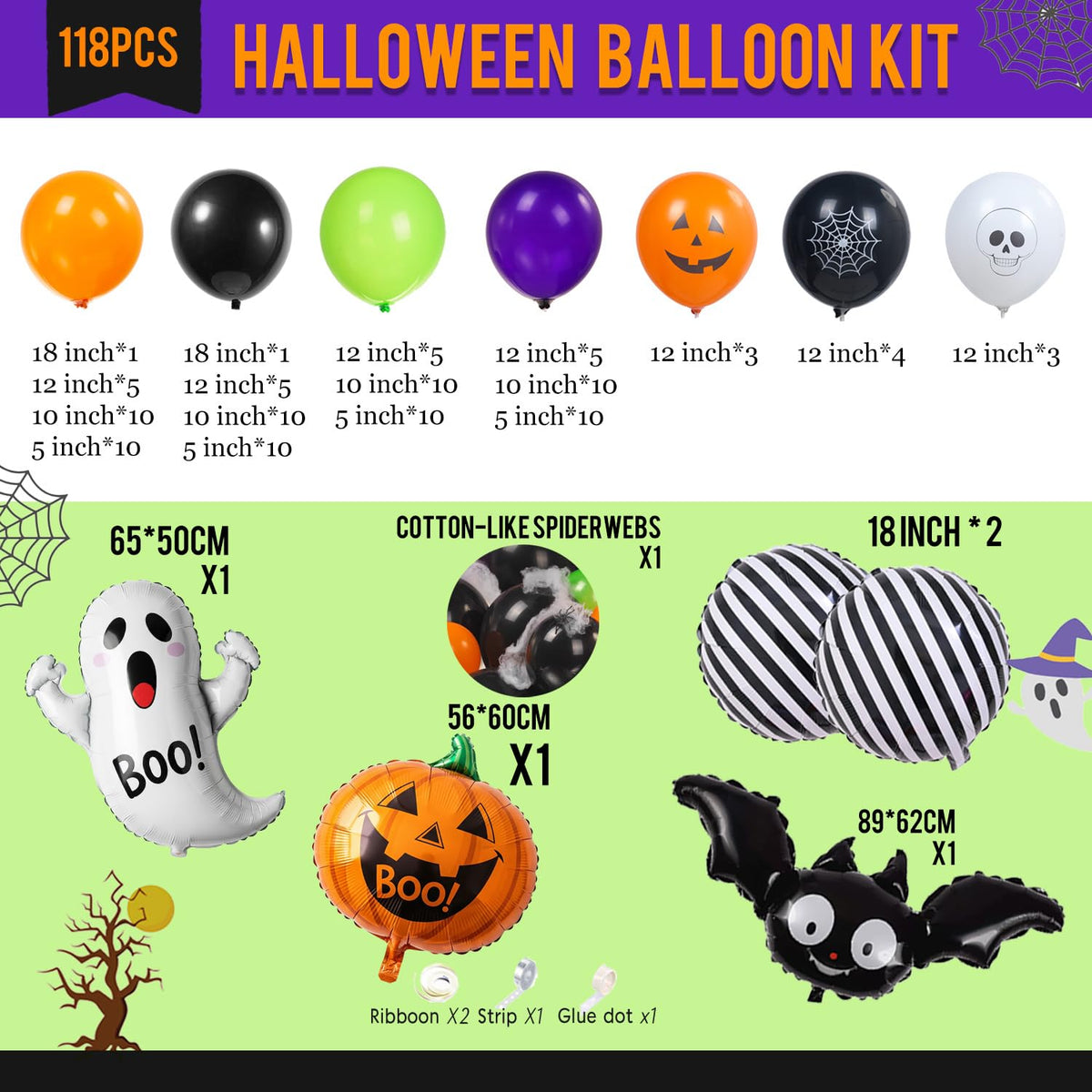 Halloween Party Decorations with Orange Black Green Purple Garland Balloon arch & Spider Web Bat Ghost Pumpkin Stripes Foil Balloons for one spooky dude 1st Horror Night Birthday Supplies