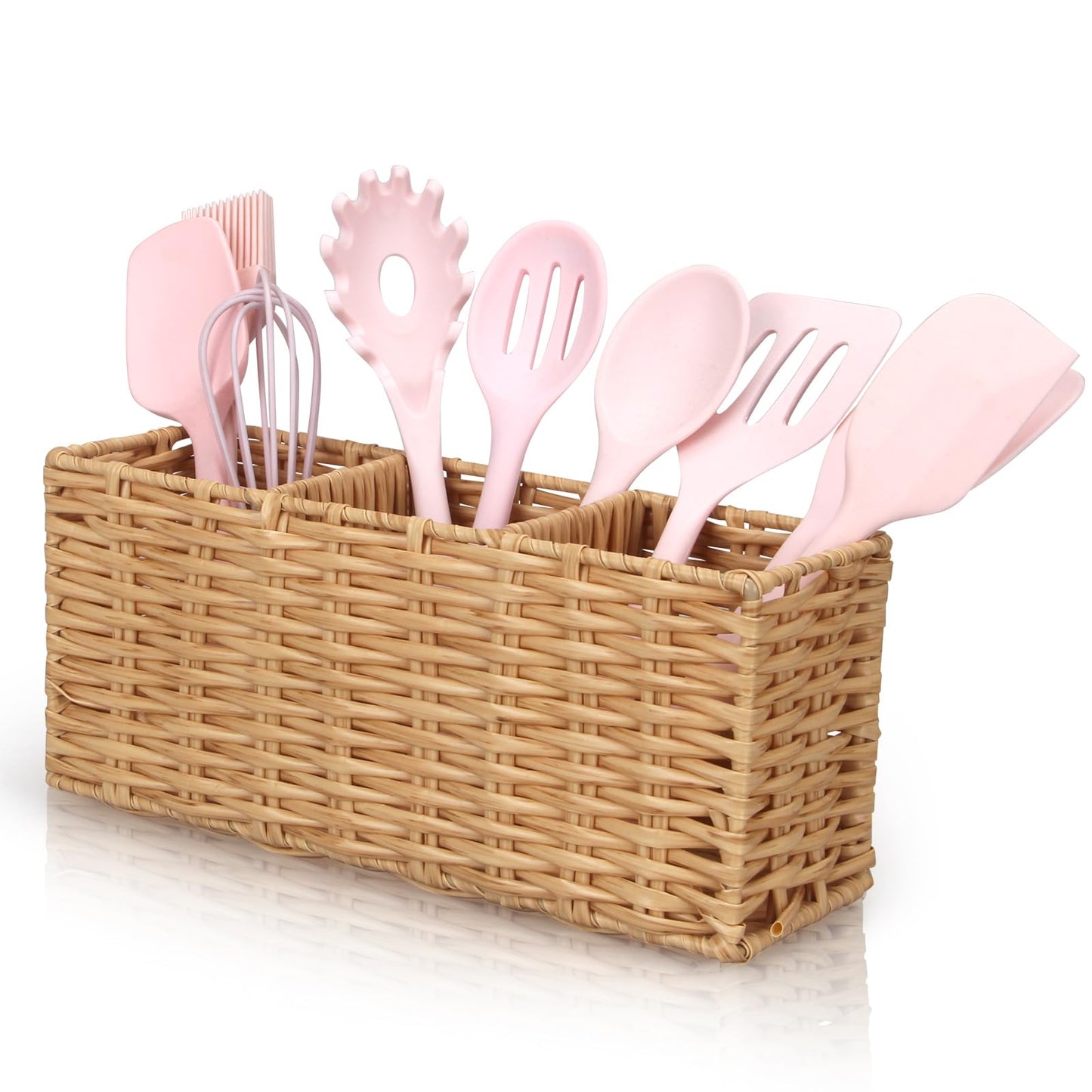 Ayiaren Wicker Flatware Silverware Caddy Cutlery Holder Kitchen Silverware Organizer Storage for Countertop Small Utensil Holders Party Table Spoon Knives Fork Holder Flatware Utensils Caddy Basket