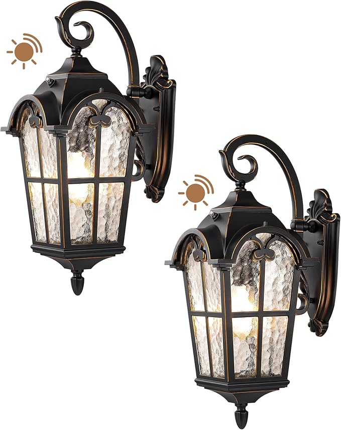 EDISHINE Dusk to Dawn Outdoor Wall Light, Roman Large Size Exterior Lantern Fixtures, E26 Base, Waterproof Porch Lights Wall Mount, Black Outside Wall Sconce, 2 Pack