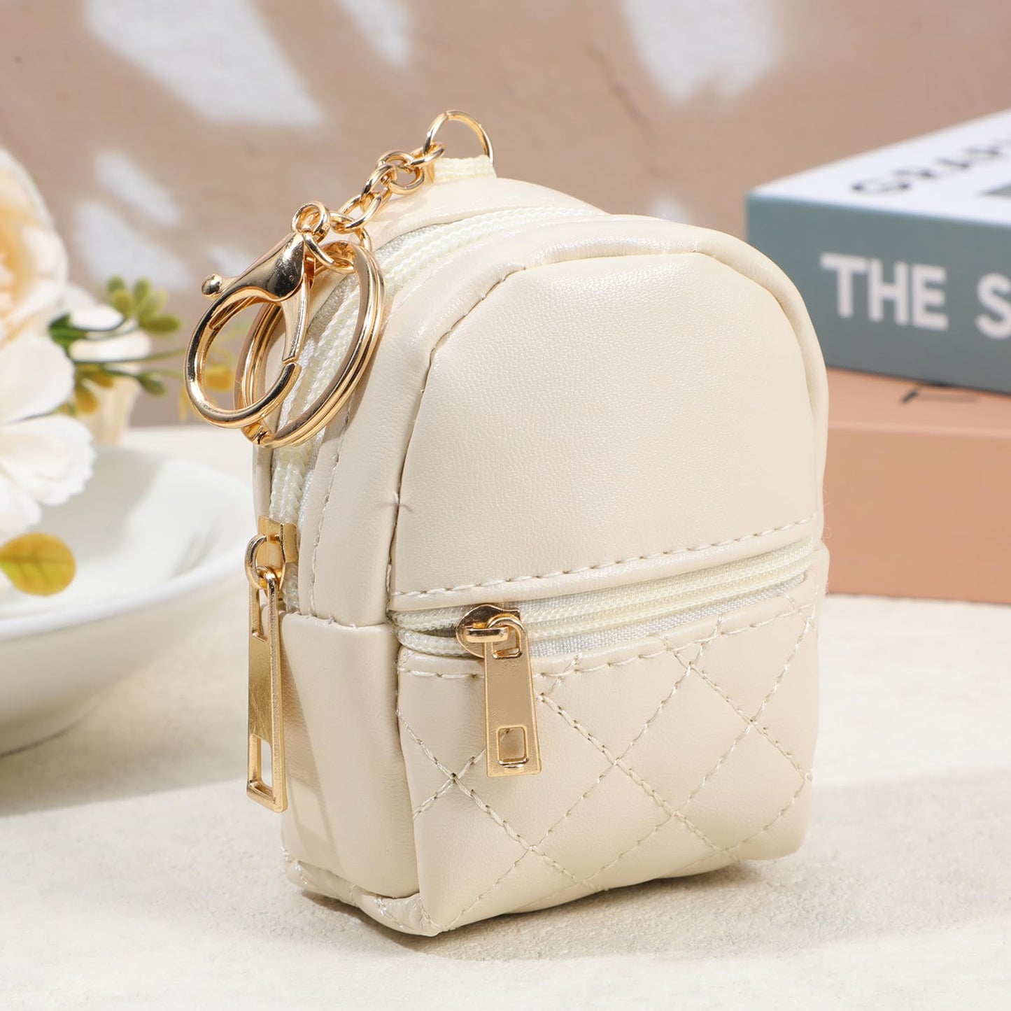 Bremorou Mini Backpack Coin Purse Keychain Cute Cosmetic Bag for Women PU Leather Makeup Bag Key Pocket Lipstick Bags Card Holder Data Cable Organizer Zipper Pouch Tiny Backpack Keychain Holder Beige