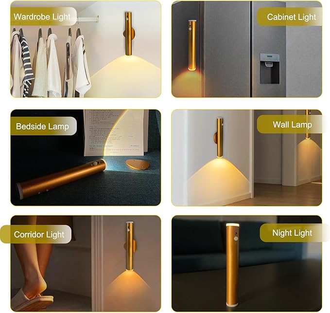 Motion Sensor Night Light, Cordless Battery Powered Magnetic Wall Light, Adjustable 3 Mode Lighting, 2 only Mounted, Corridor Staircase Sensor Night Light (2 pcs-Gold)