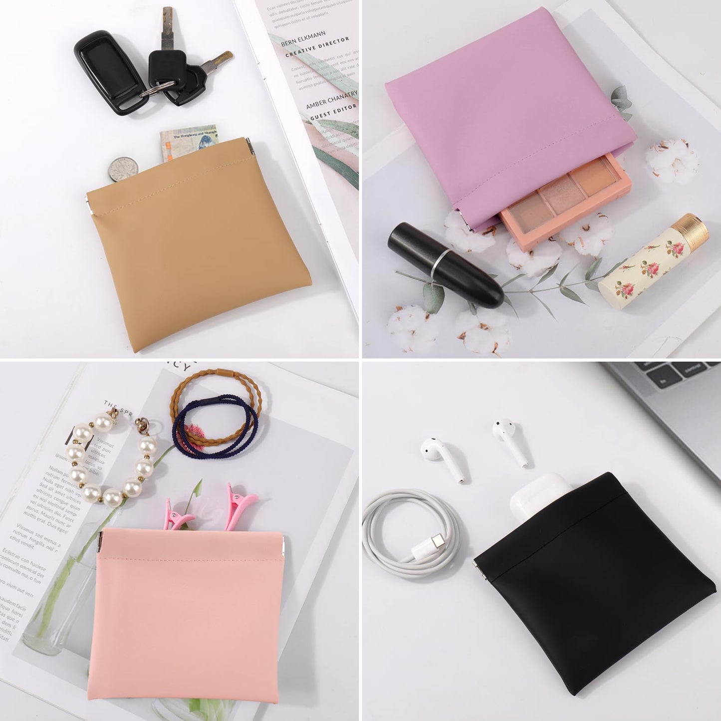BUSOHA 8PCS Snap Closure Organizer Pouch, Small Women's Leather Pouches for Purse, Mini Makeup Bag for Cosmetics Headphones Jewelry Lipstick