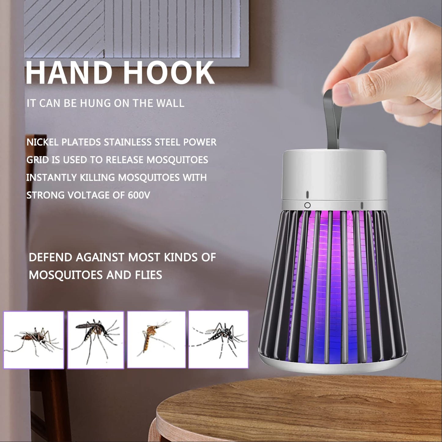 Bug Zapper Outdoor,Electric Mosquito Zapper Portable Camp Mosquito Killer,Rechargeable Indoor Fly Zapper,Electric Fly Zapper,Fly Traps,Flying Insects Zapper Indoor Outdoor (White)