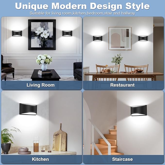 Modern LED Wall Sconces Set of Two,Cool White 6000K Hardwired Black Wall Lights Up and Down Wall Mount Light(with G9 Bulbs)