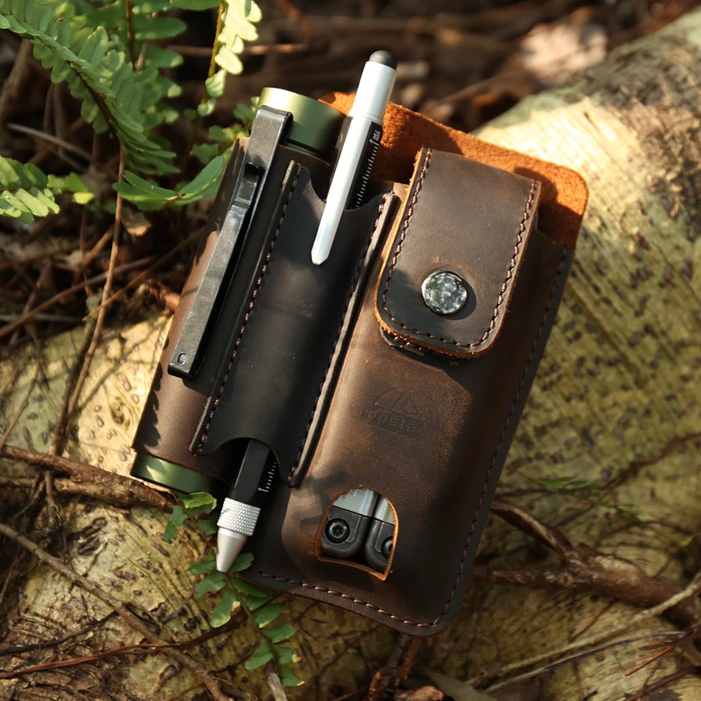 Topstache Leather Multitool Sheath - Multi Tool Holster with Belt Clip - EDC Belt Organizer Fits Multitool, Flashlight, Pen - Leather EDC Pouch Belt Holder Case with Closure Flap, Darkbrown