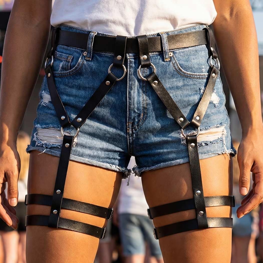 TWINKLEDE Black Leather Belt Leg Thigh Rave Nightclub Body Accessories for Women