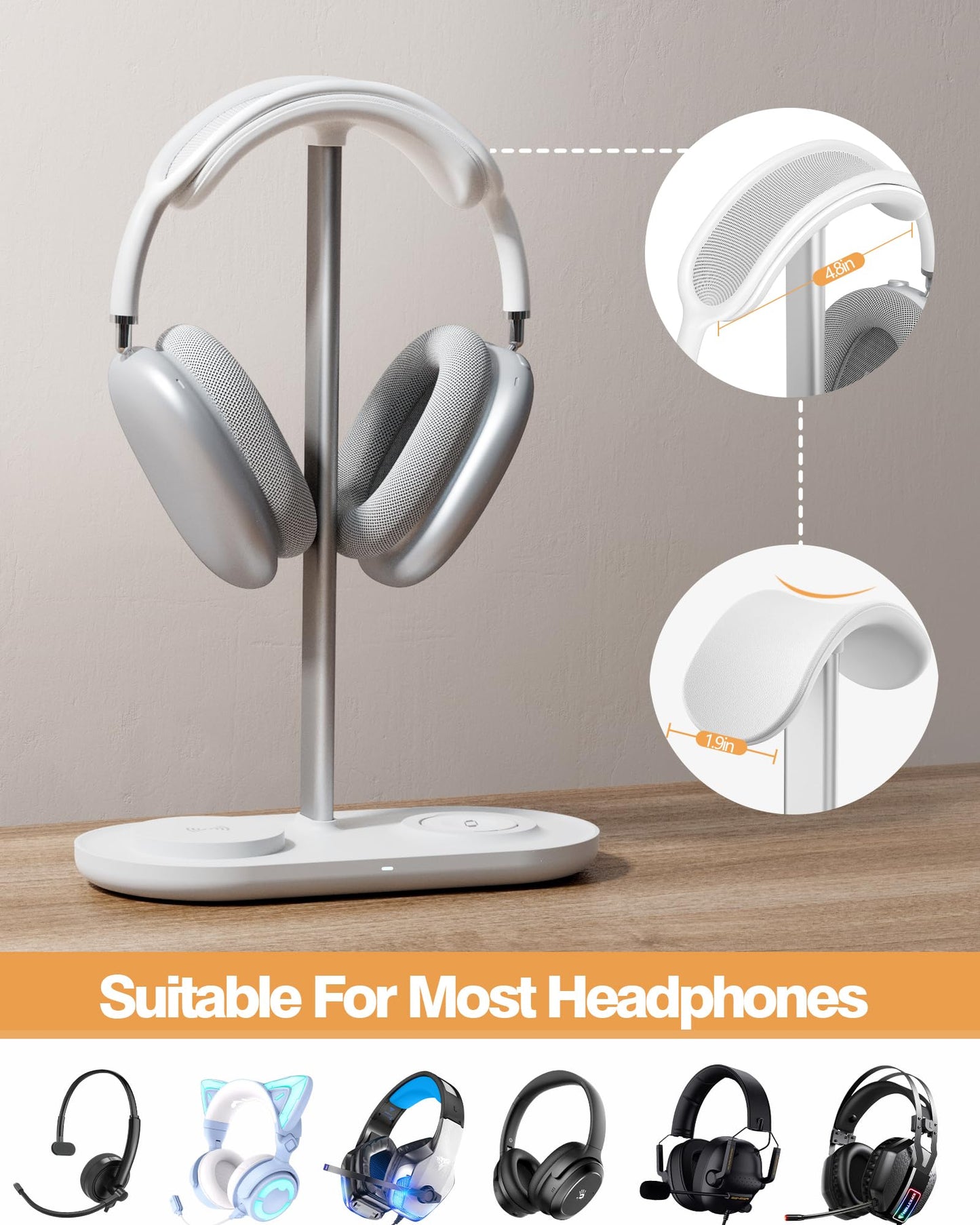 Universal Headphone Stand, Magnetic Wireless Charger for iPhones/AirPods/iWatch, Aluminum Alloy Rod, Leather Pad, ABS Solid Base, White