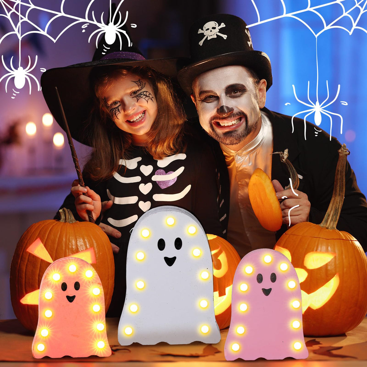 Tujoe 3 Pcs Halloween Decorations Light Up Wooden Ghost Light Up Ghost Kit Pink Halloween Table Centerpiece for Home Decor Kitchen Mantel Tabletop Windowsill