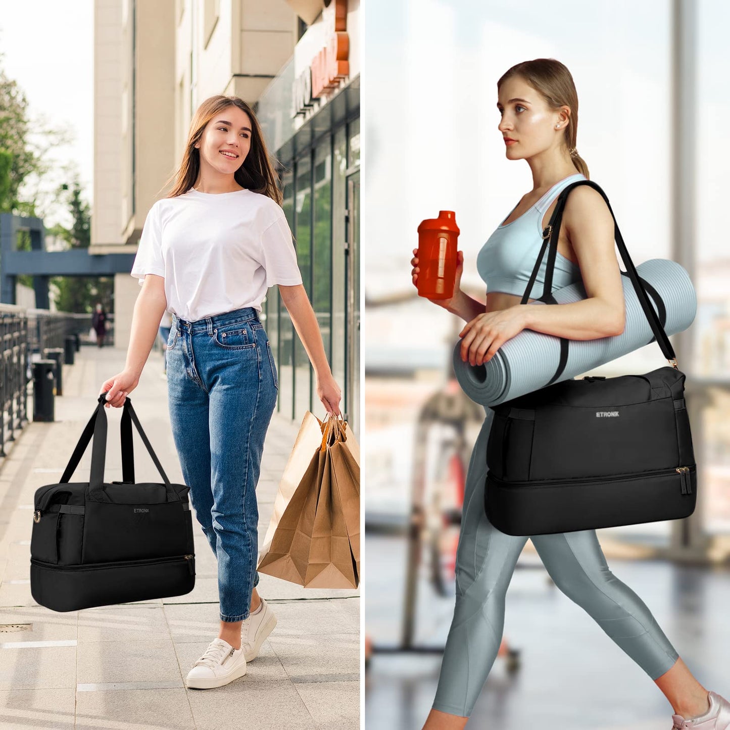 ETRONIK Gym Bag for Women, Personal Item Travel Bag with Shoes Compartment, Weekender Overnight Duffel Bag with Wet Pocket, Carry On Bag for Women, Travel, Gym, Weekend