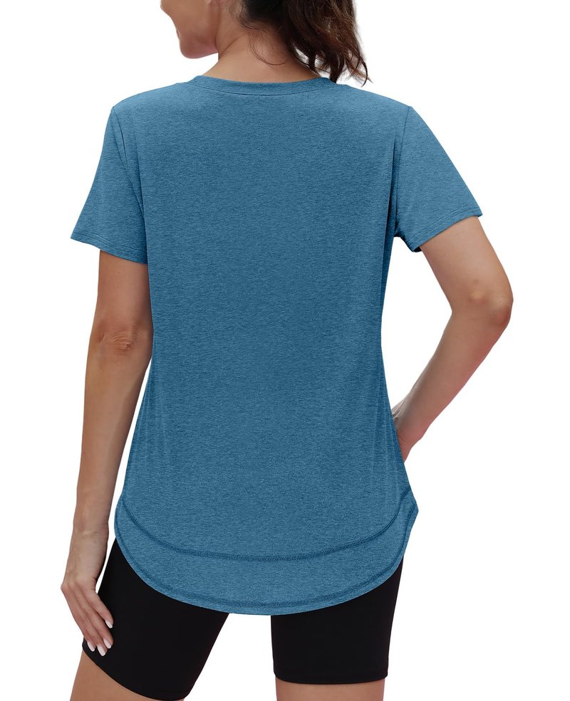 Summer Tops for Women 2026 Short Sleeve Workout Clothes Athletic Shirts Pilates Outfits Camisetas Deportivas para Mujer Blue Green L