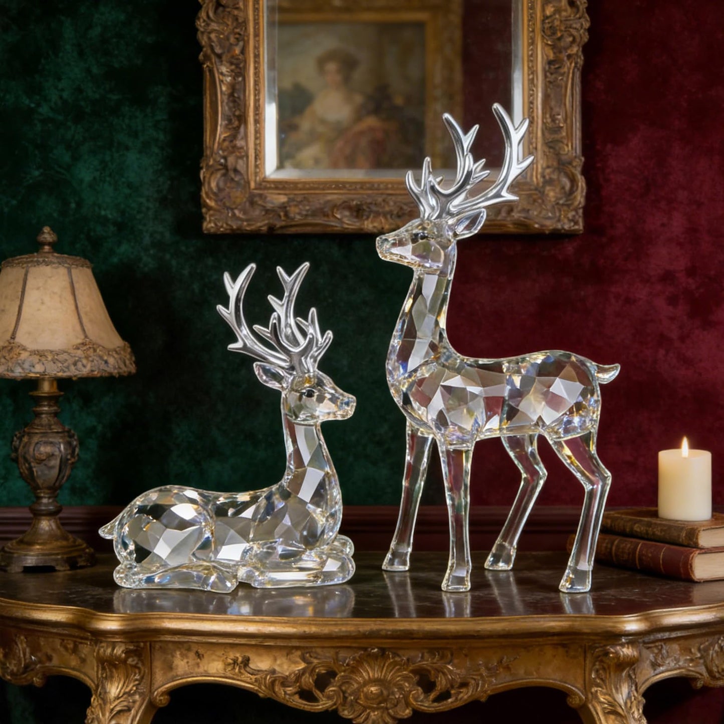 EverZenHub Christmas Decorations, Reindeer Figurines Set of 2 - Resin Deer Statues for Xmas Tabletop, Fireplace Mantel, Shelf Decor | Holiday Home Décor Ornaments & Gifts