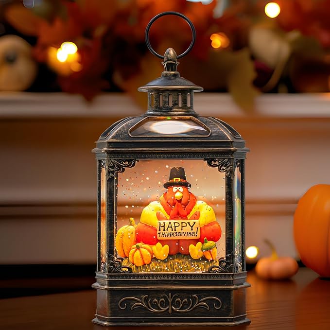 Fall Snow Globe Lantern - Thanksgiving Glittering Lighted Water Lantern, Fall Decorations Autumn Harvest Day Gifts, Table Home Fall Xmas Decor (Turkey & Pumpkins)