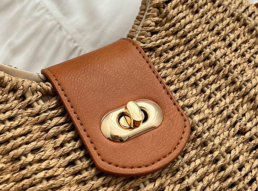 Summer Straw Bag for Women Straw Hand-woven Top-handle Handbag Crossbody Tote Clutch Bags for Travel Khaki Medium