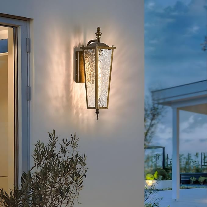 Outdoor Wall Light,Vintage Gold E26 Base 16.7in - Exterior Waterproof Lantern Metal with Clear Glass,Farmhouse Porch Sconce Wall Mount Lighting,for Garage,Patio,Front Door,Entryway