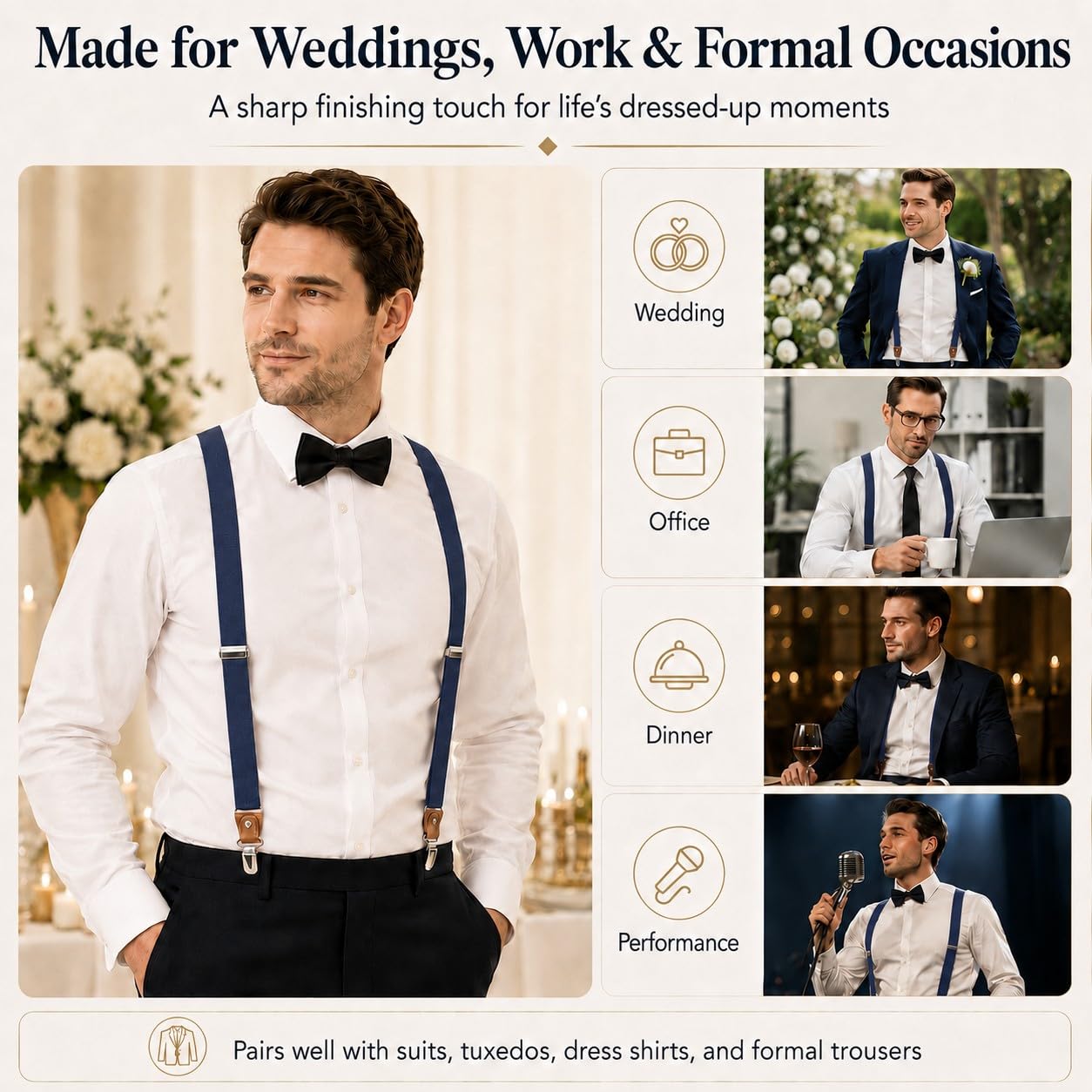 JAIFEI Button Suspenders for Men, 2-in-1 Clip-On & Button-On Dress Suspenders with Genuine Leather Ends, Y-Back, 1.4" Wide (Navy)