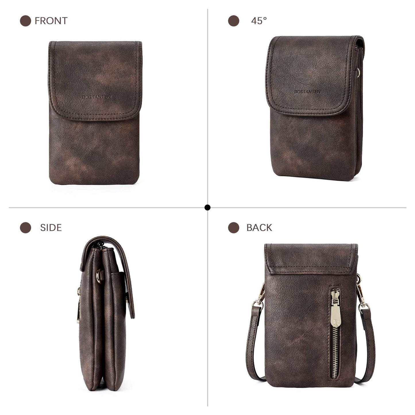 BOSTANTEN Vegan Leather Small Crossbody Bags for Women Designer Cell Phone Bag Wallet Purses Adjustable Strap Retro Coffee