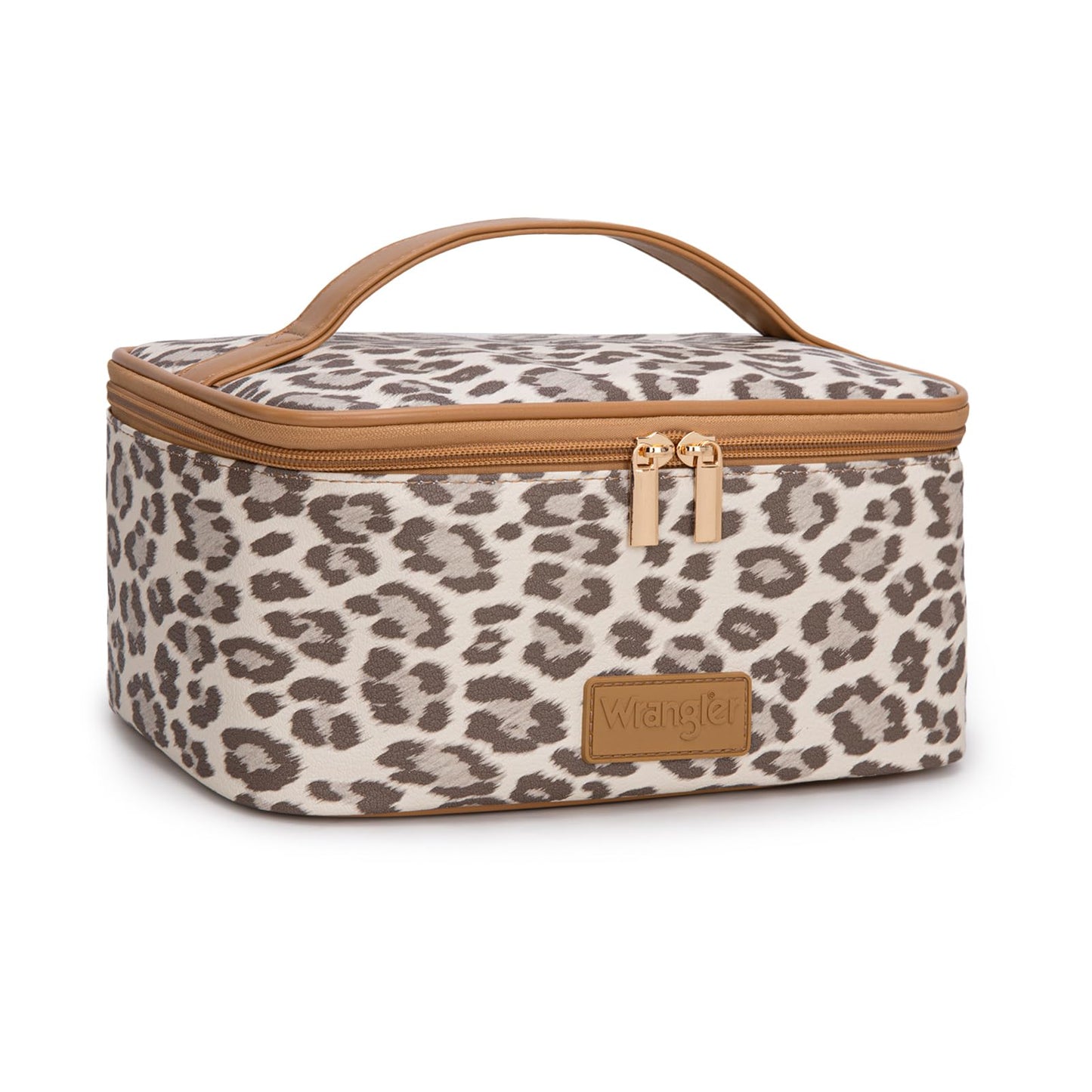 Montana West X Wrangler Travel Makeup Bag 2pcs Set Large Cosmetic Bag with Makeup Brush Holder Portable Make Up Organizer Cute Toiletry Bag with Divider and Handle for Women Leopard