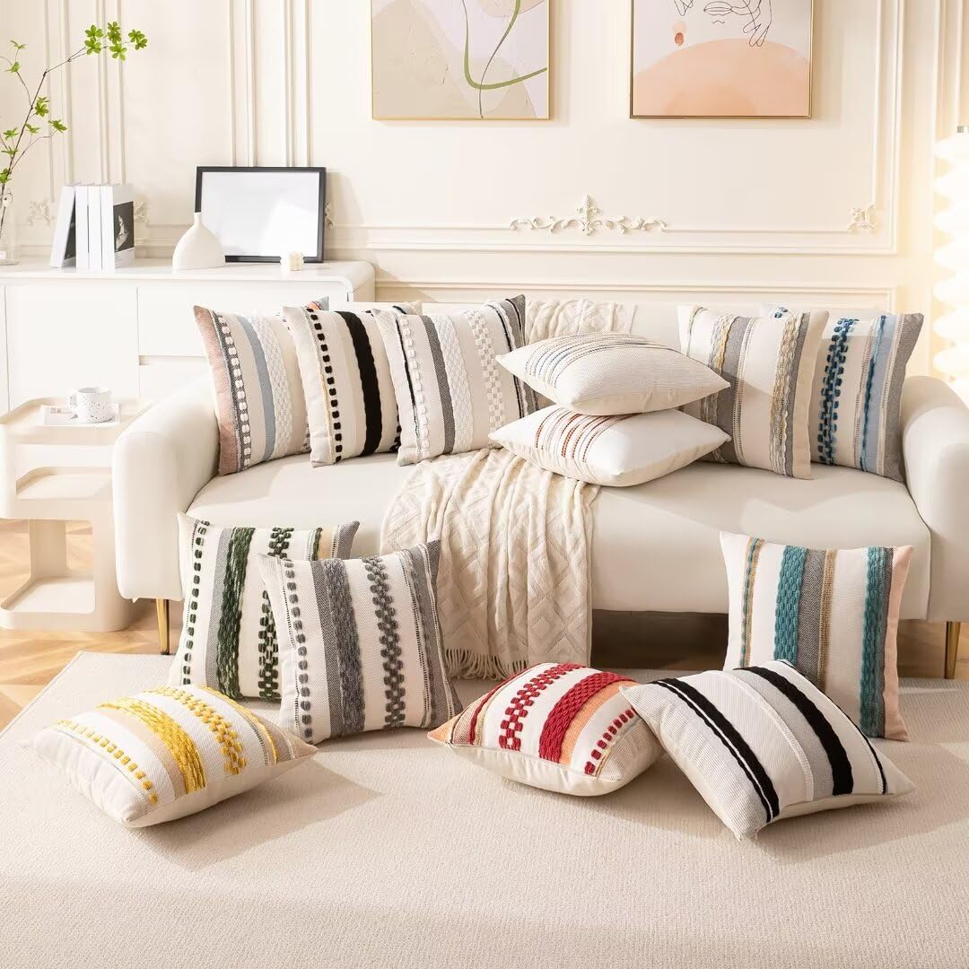 WANLIRD Boho Throw Pillow Covers 18x18 Set of 2 Farmhouse Decorative Cushion Case Striped Square Pillows Cover Chenille Pillow Cases Accent Neutral Pillowcase for Sofa Couch Bed,Black and White