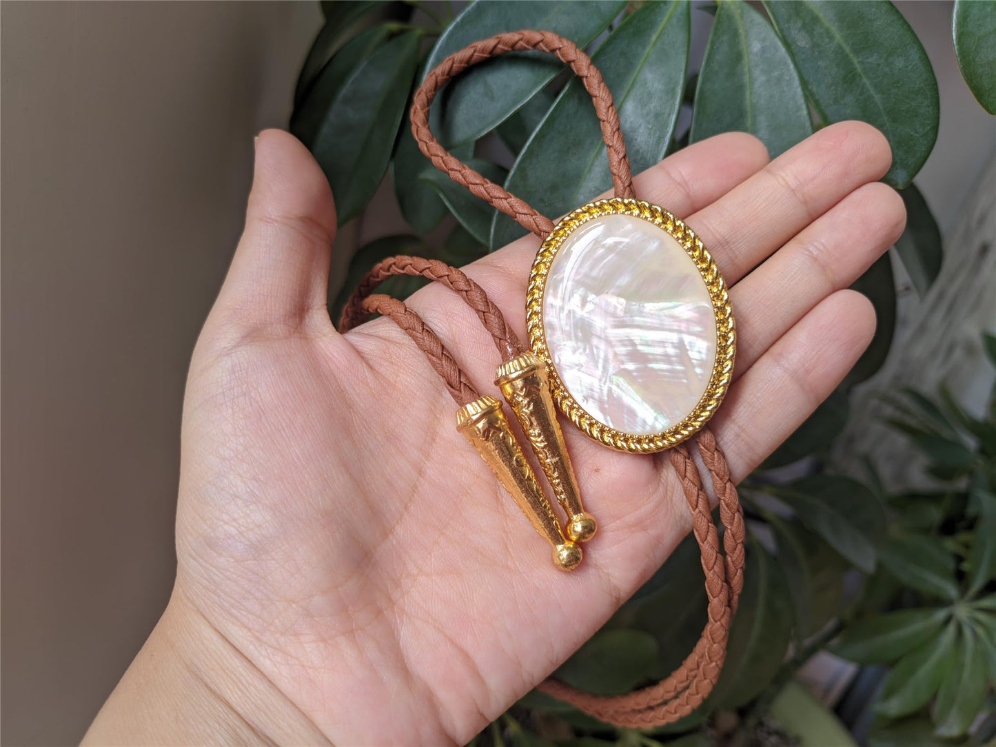 Himongoo Golden Mother of Pearl Bola Bolo Tie - Brown Leather Wedding Necktie for Men Women - Western Style Bolo Necktie