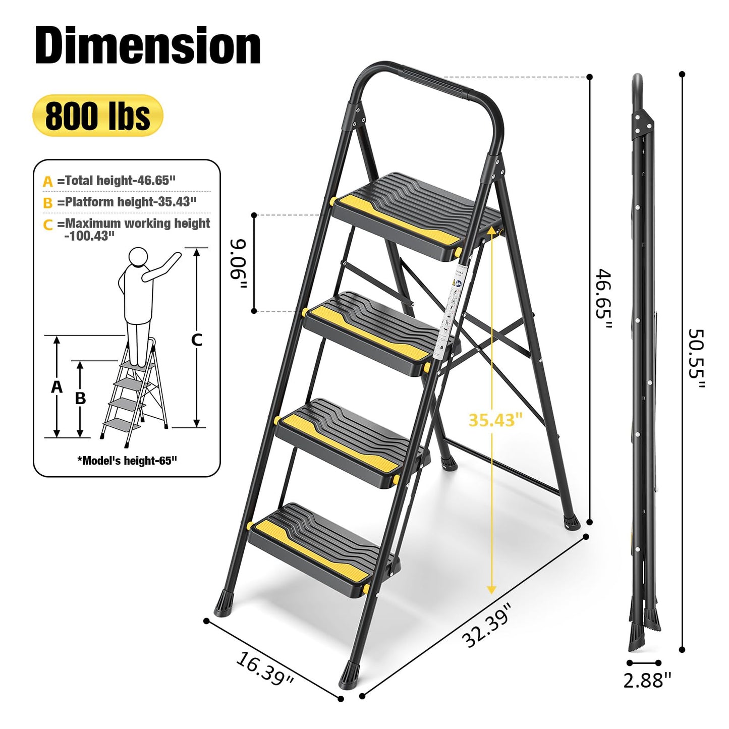 Urackify 4 Step Ladder, Heavy-Duty Pass 800lb Capacity Test, Wide Anti-Slip Steps & Secure Handrail Compact, Folding Step Stool Portable Design for Home, Kitchen, Office, Pantry, Closet Use, Black