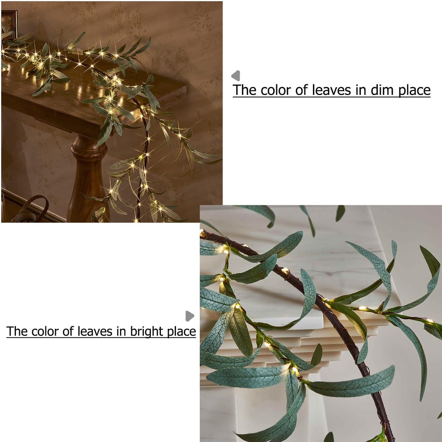 Hairui Lighted Artificial Olive Garland 6FT 96 LED Fairy Lights Battery Operated, Faux Vine Lights with Timer for Spring Christmas Holiday Fireplace Decoration