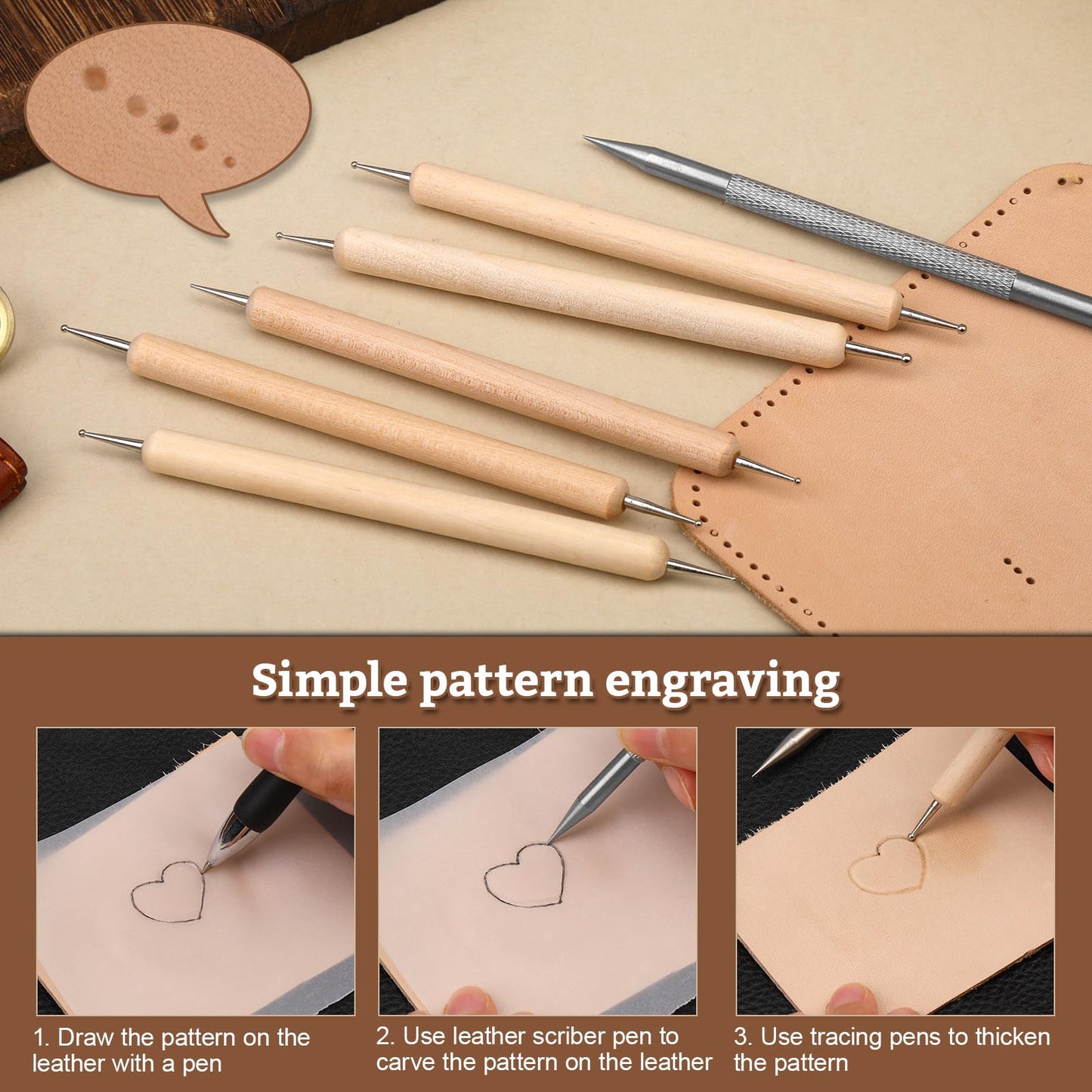 Leather Stamping Tools, Leather Carving Set, Working Kit for Beginners with Wood Burning Kit, Stamp Punch Set and Adjustable Swivel Knife, Carving Working Saddle Making
