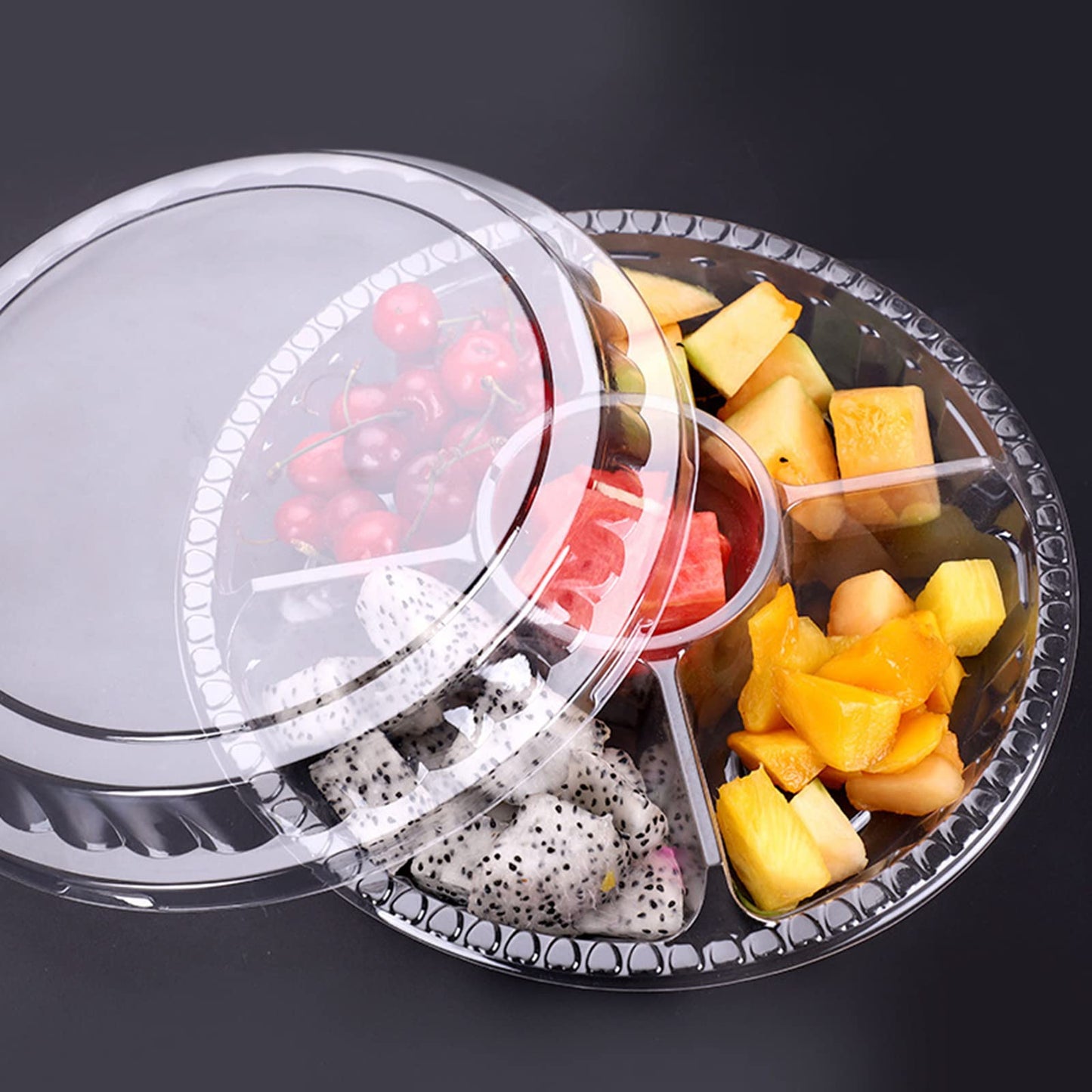 Lyellfe 30 Pack Plastic Appetizer Tray with Lid, Disposable Veggie Fruit Snack Tray with 5 Compartment, 9.5 Inch Heavy Duty Clear Round Food Container Platter for Salad, Nut, Olive, Party