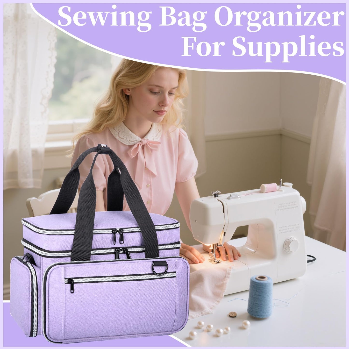 Anitor Large Sewing Supplies Organizer, Double Layer Sewing Storage Organizer with Two Detachable Dividers, Travel Sewing Bag Organizer with Shoulder Strap for Accessories, Pale Purple, (Bag Only)