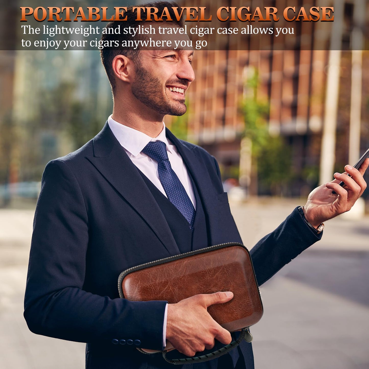 AWOTE Travel Cigar Humidor Case, Portable Cigar Bag with 4 Cigar Tubes, Leather Cigar Case Include Straight Cutter, V Cutter, Hole Puncher, Gift Set for Cigar Lovers, Lighter not included (Brown)