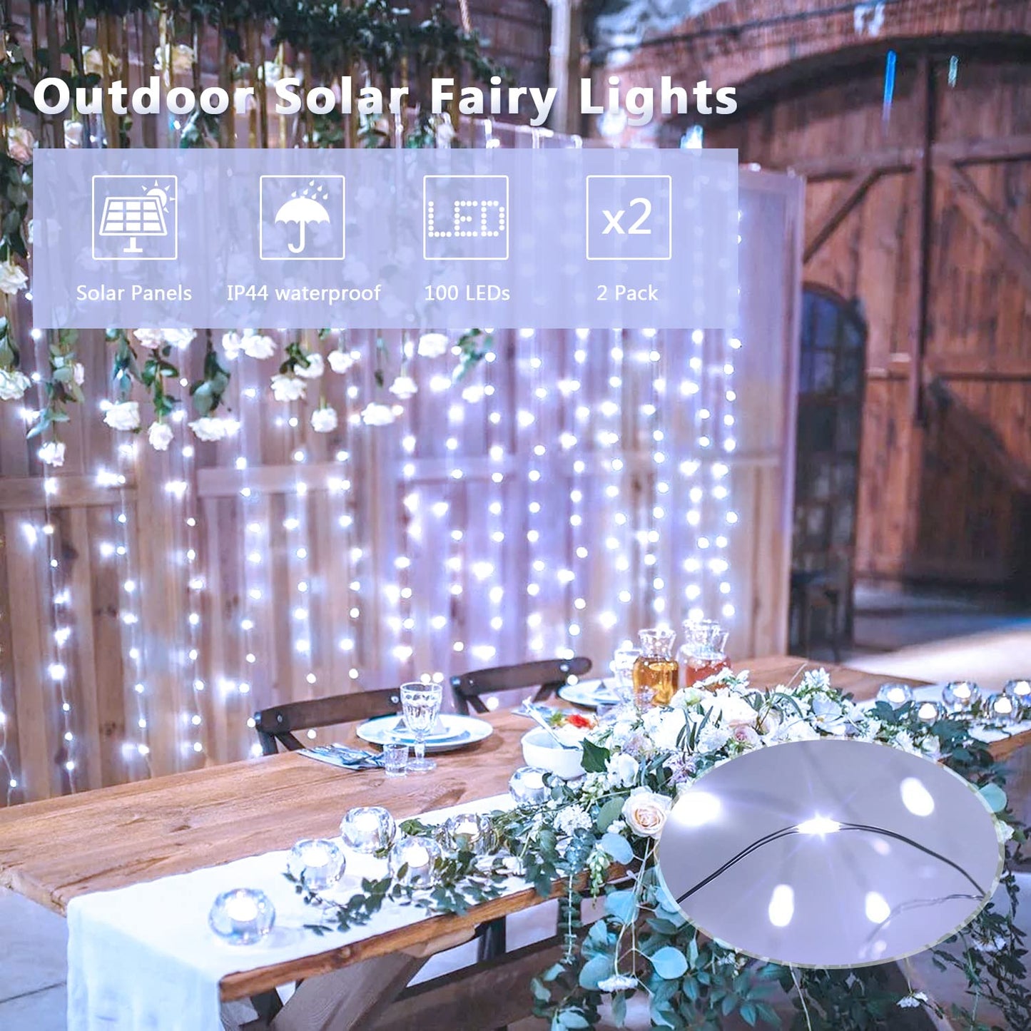 JMEXSUSS 2 Pack Solar String Lights Outdoor Waterproof, Each 33FT 100 LED Solar Lights Outdoor, 8 Modes White Fairy Light for Outside Yard Tree Patio Garden Wedding Christmas Decorations