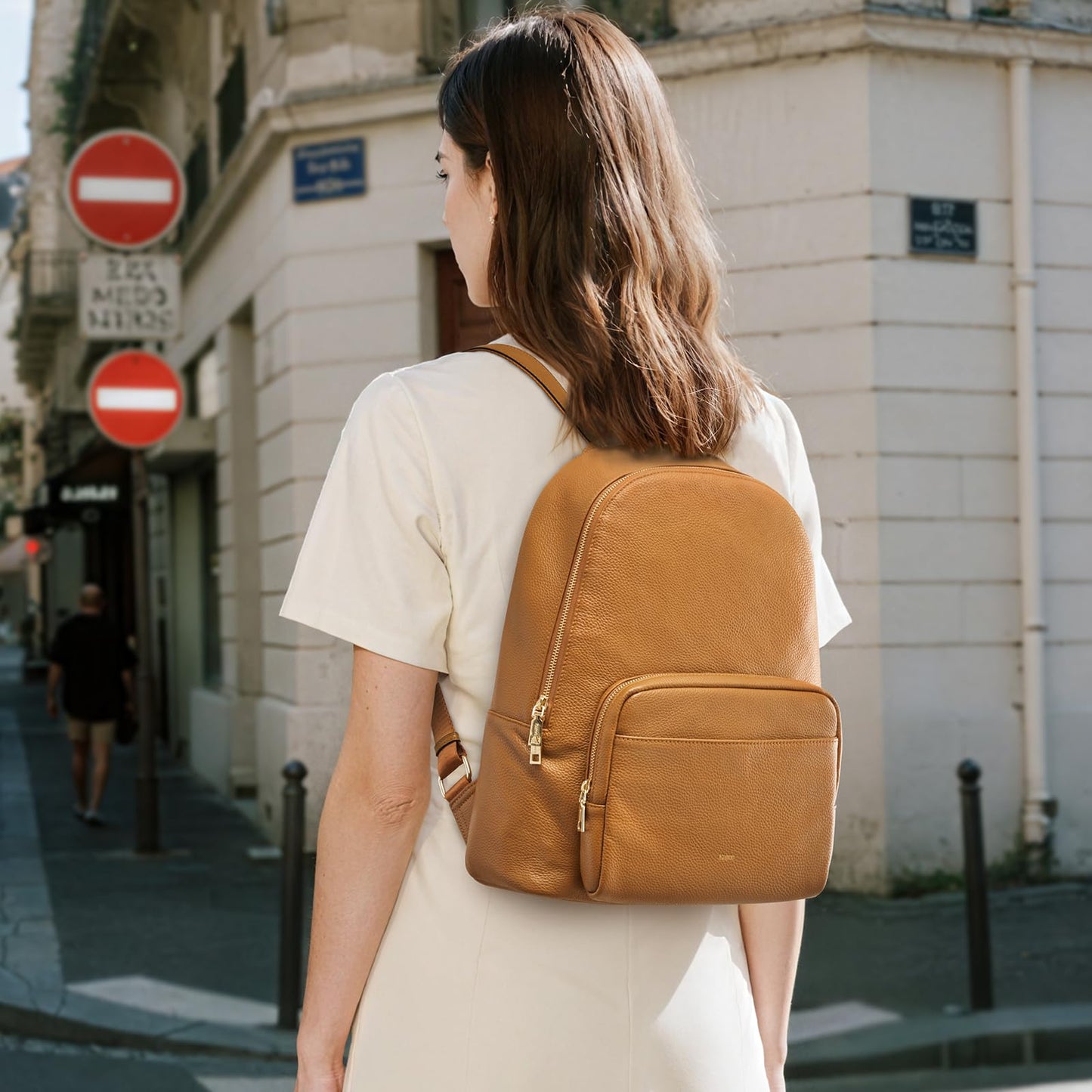 Kattee Leather Backpacks for Women,Fashion Multi-fuction Bag with Card Zipper Bag Attached at the Back for Travel Work Shopping and School, Brown