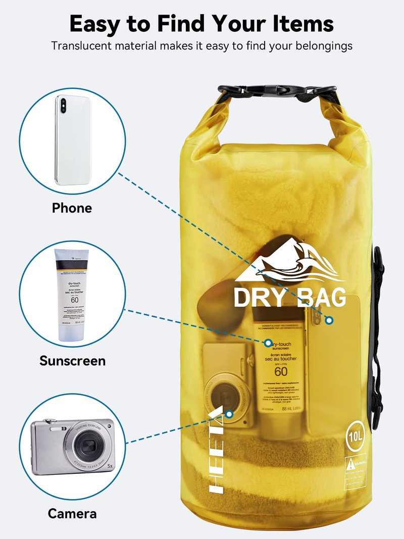 HEETA Dry Bag Waterproof for Women Men, Roll Top Lightweight Dry Storage Bag Backpack with Phone Case for Travel Swimming Boating Kayaking Paddle Board Camping Beach Accessories (Yellow, 10L)