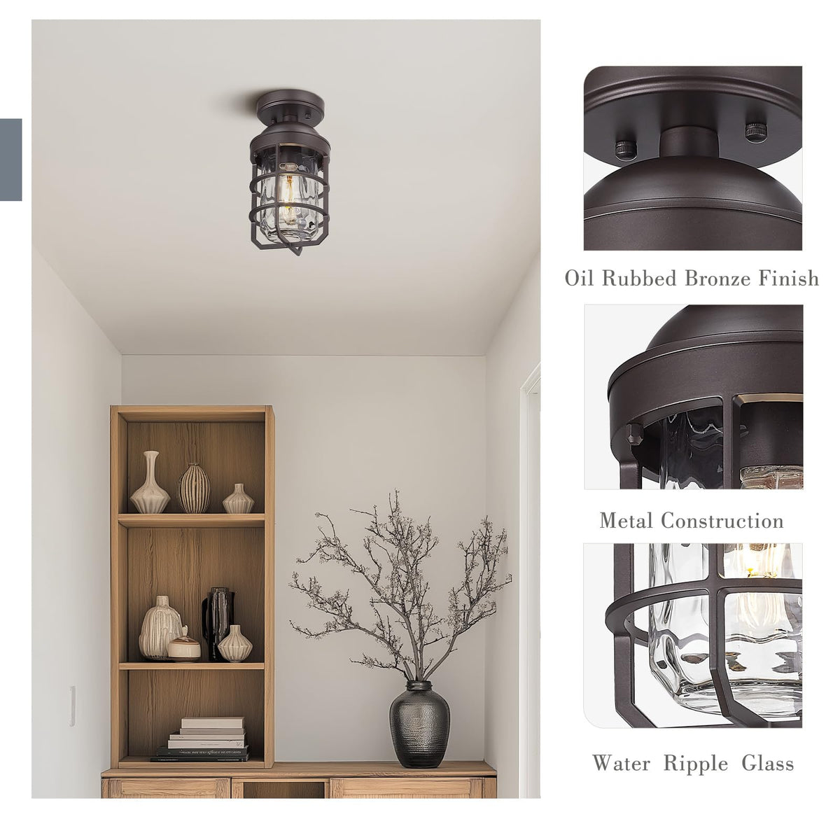 Emliviar Semi-Flush Mount Ceiling Lights, Water Ripple Glass Shade, 2 Pack, Oil Rubbed Bronze, Model GE255LF-2PK ORB-WG