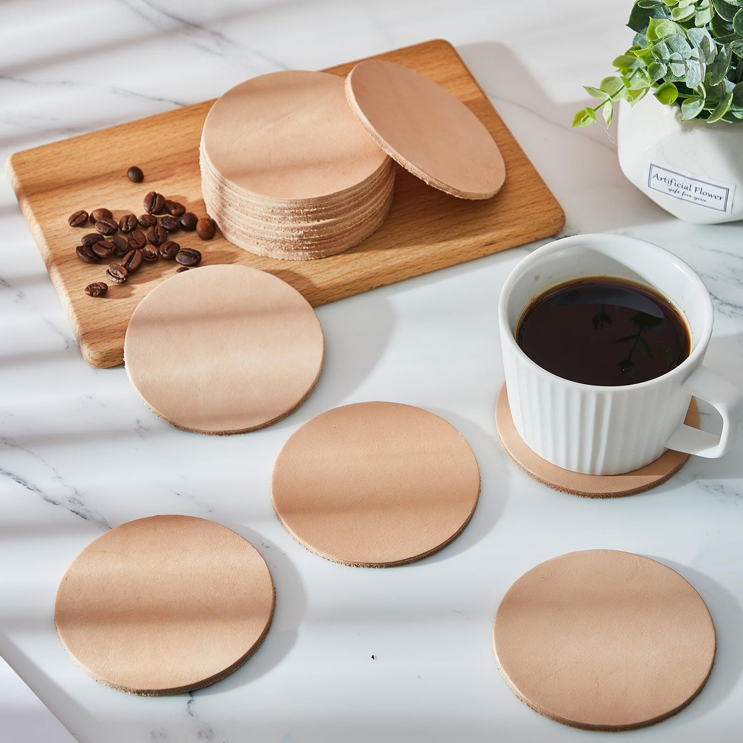 Bulyoou 50 Pack Round Vegetable Tan Leather 3-1/4" Tooling Veg Circular Leather Pieces Sheet for Laser Engraving Coasters Tooling Stamping Carving, Thickness 3.2 mm