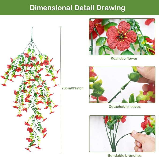DOUBFIVSY Artificial Hanging Flowers for Outdoors, 4 Pcs Fake Hanging Plant Spring Summer Decor, UV Resistant Waterproof No Fade Faux Flower for Front Door Porch Patio Planter Garden (Mixed Color)