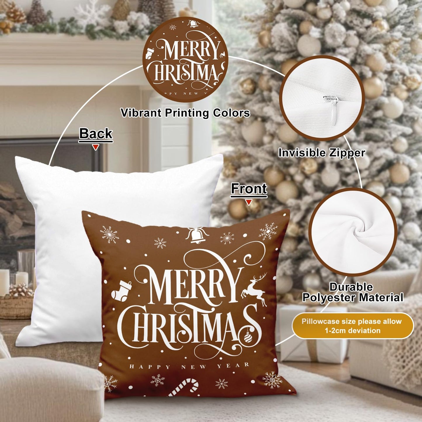 Lanpn Christmas Throw Pillow Covers 18x18 Set of 4, Merry Christmas Winter Xmas Snowflake Decorative Holiday Cushion Pillow Cases 18 x 18 for Outdoor Indoor Farmhouse Home Room Couch Decor (Brown)