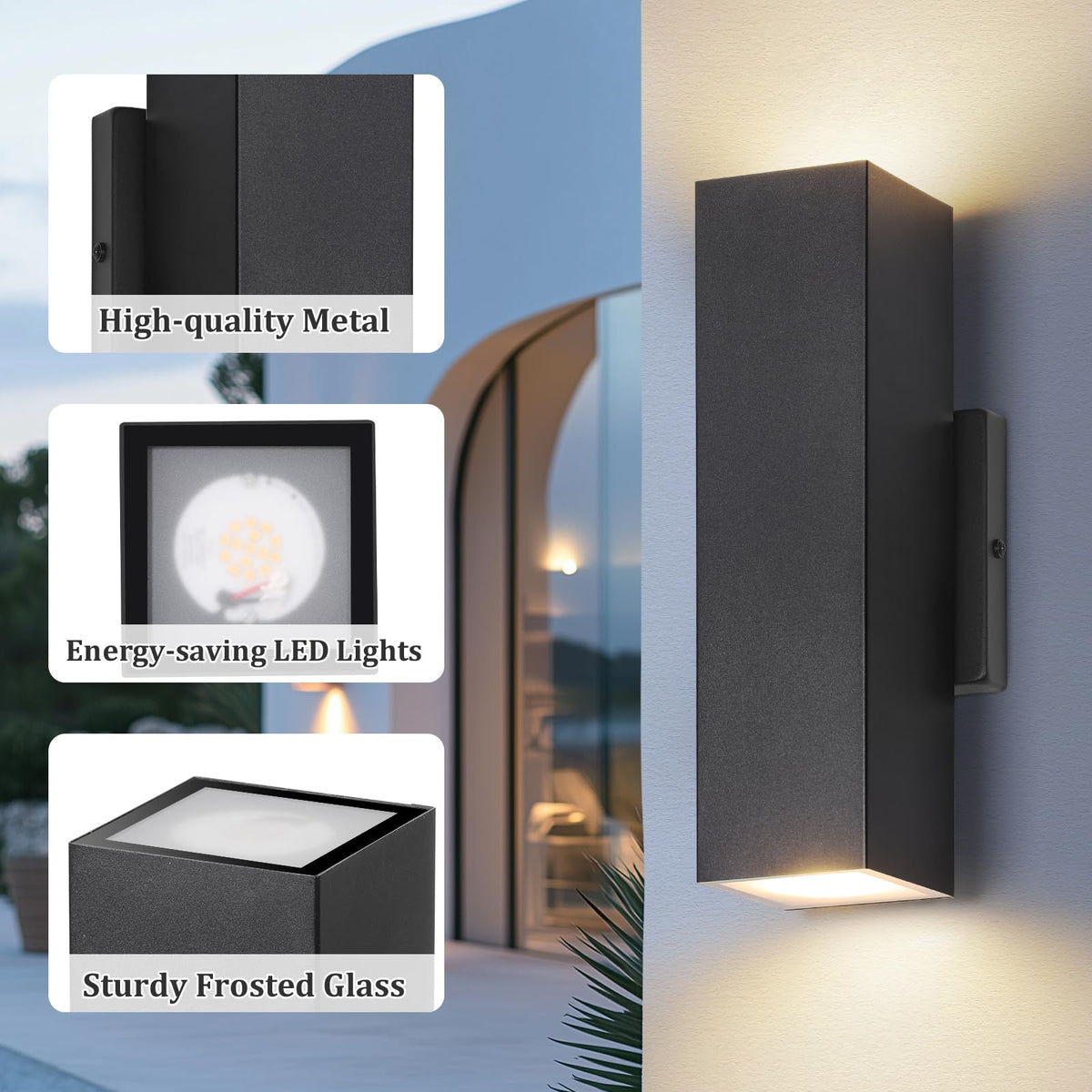BesLowe 4-Pack Outdoor Wall Lights, LED Up and Down Sconces, Metal, 13.75in, Black, Model B04048L(4PK)