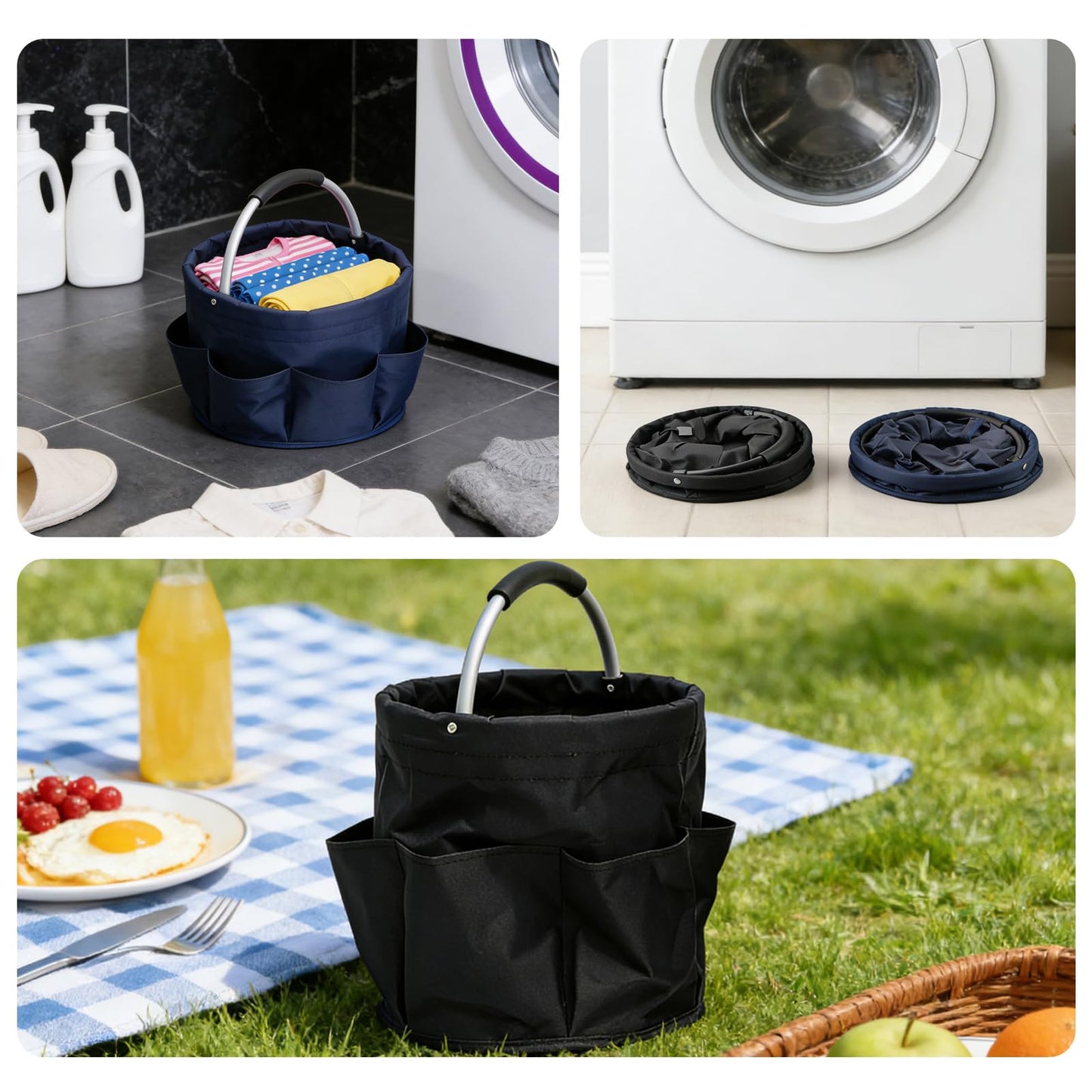 Tool Bucket Organizer 2-Pack, 17L Foldable Cleaner Caddy with 6 Pockets,Handle for Garden、Family and Bathroom, Can Also be Used as a Beach Basket or Shopping Basket,Black+Navy Blue