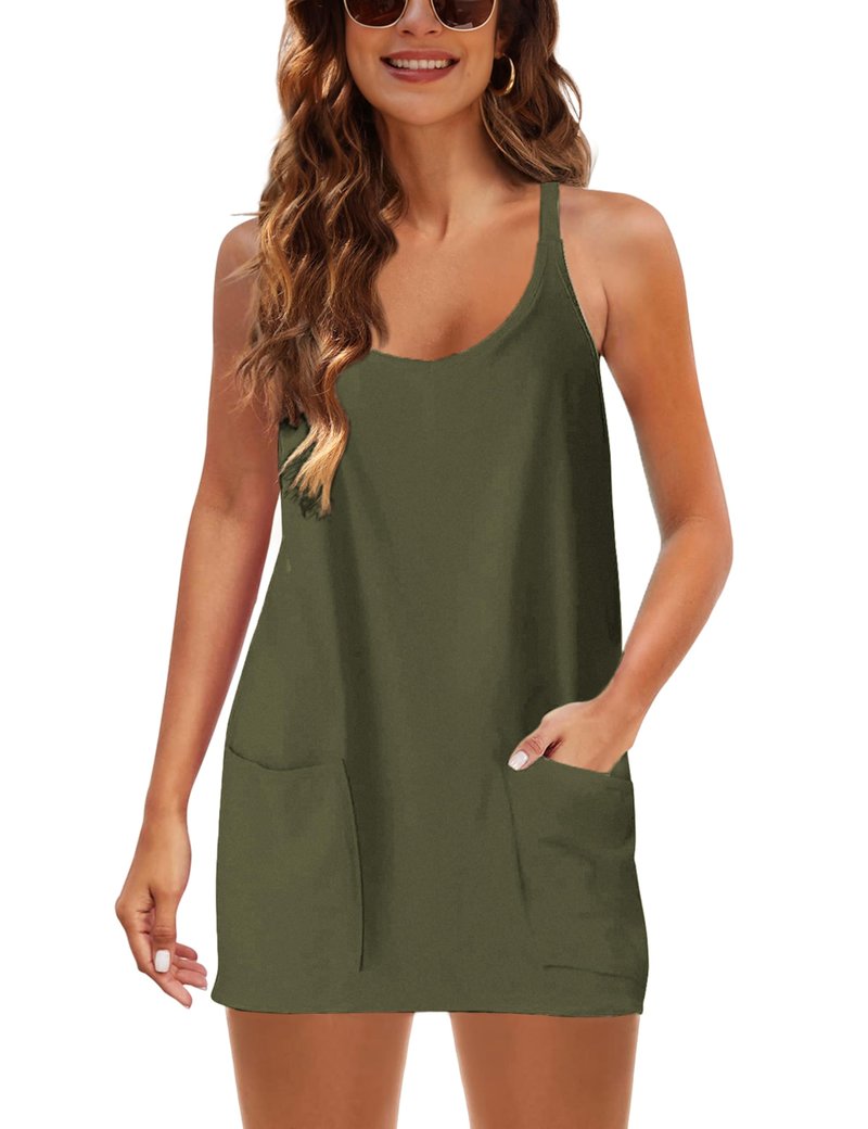 Lentta Womens Athletic Sleeveless Mini Dress with Built-in Shorts V Neck Spaghetti Strap Sundress(ArmyGreen-M)