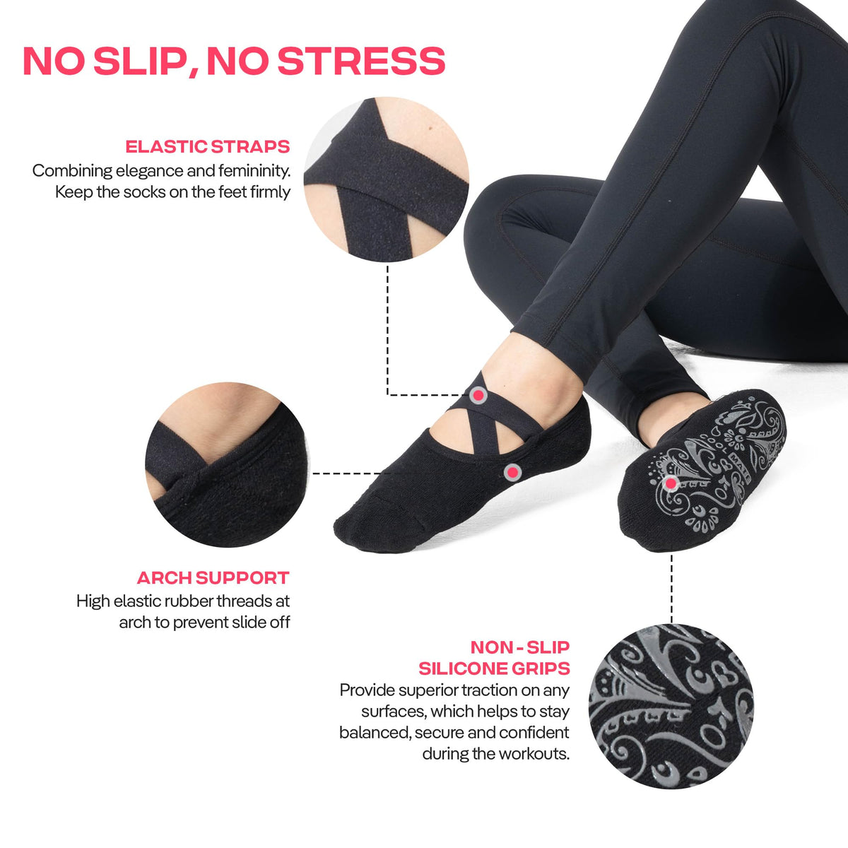 CoolMate Pilates Socks with Grips for Women, Yoga Socks, Crew Non Slip Women for Workout, Barre, Pilates Gifts (US, Numeric, 6, 10, Regular, Regular, 3 Pairs Barre Navy/Black/Beige)