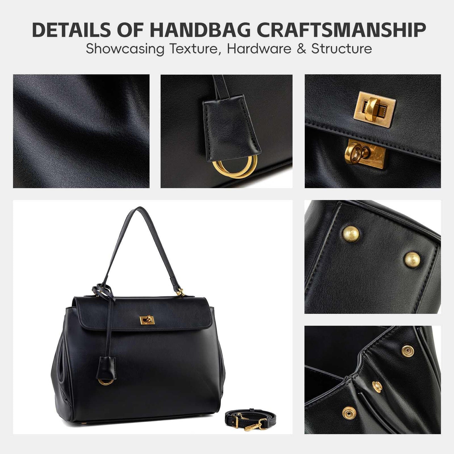 NGGU Black Leather Tote Bag for Women,Soft Leather Shoulder Handbags for Ladies,Satchel Purse for Travel Work & Medium & Black Leather & Gold Clasp