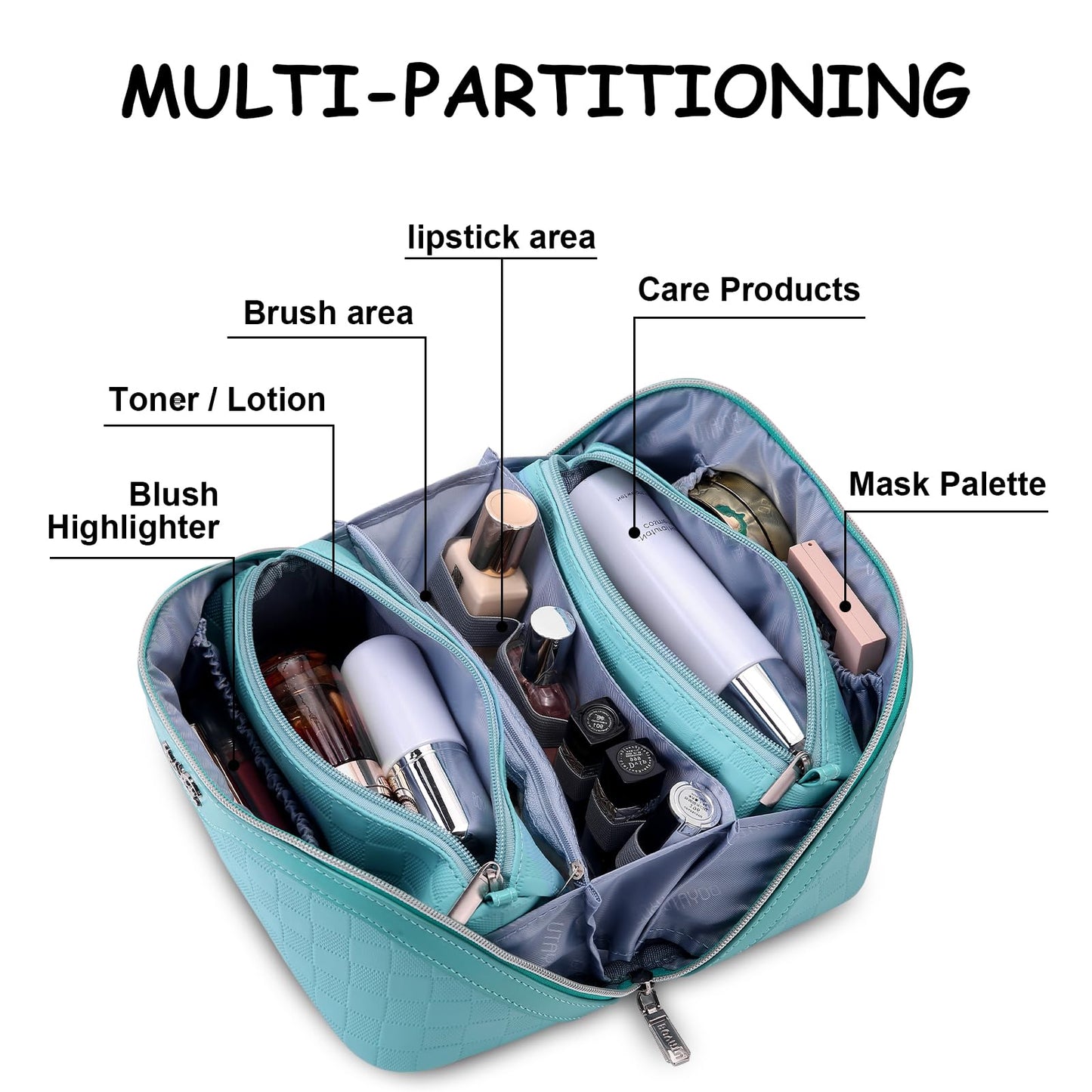 BOYATU Checkered Travel Makeup Bags: Vacation-Ready Light Blue Large Capacity Cosmetic Bag for Women - 3 Pcs Set Toiletry Organizer with Waterproof Leather - Easy to Clean Beach Trip Essential