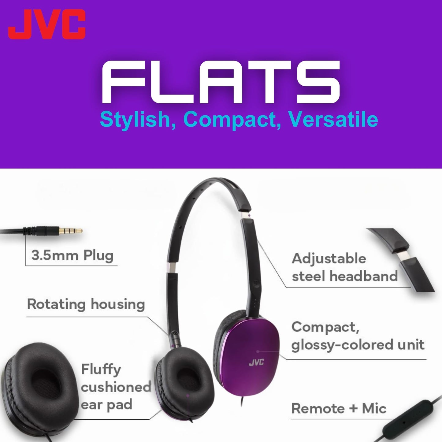 JVC Flats On-Ear Wired Headphones - Flat Foldable Design - 30mm Driver for Powerful Sound - Soft Ear-Pads for Comfort – Steel Headband - Lightweight & Portable - PC/Laptop/Gaming - 3.5mm Slim Plug